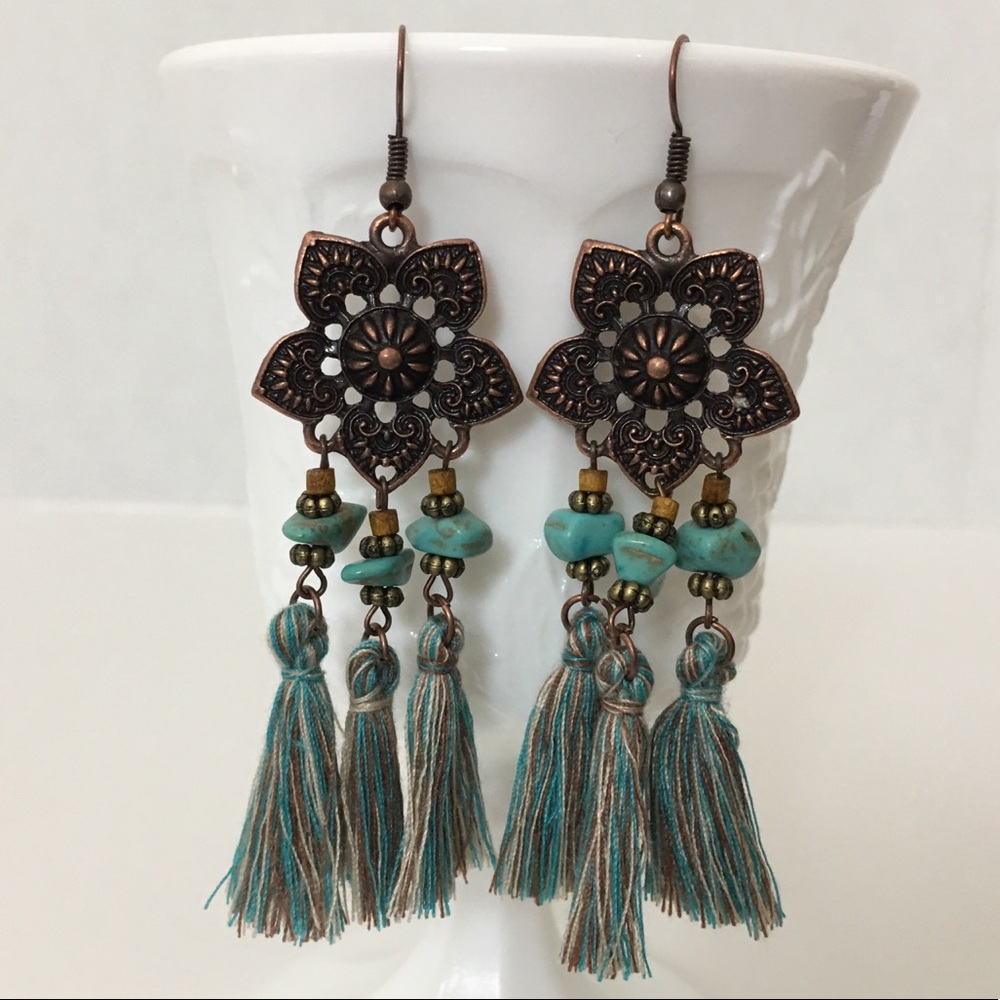Antiqued Bronze Floral Turquoise Tassel Earring